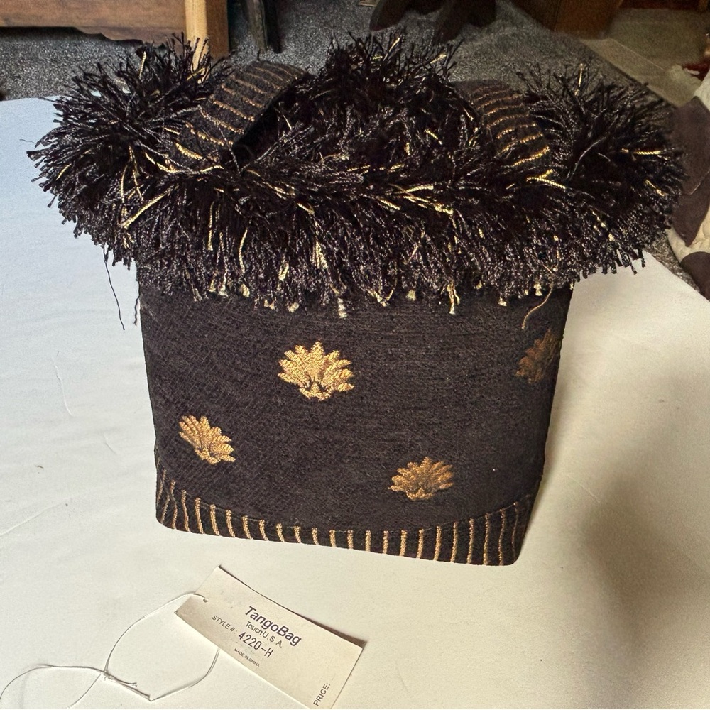 NWT Black/Gold Fabric with Fringe Edges Tango Handbag Purse #4220-H